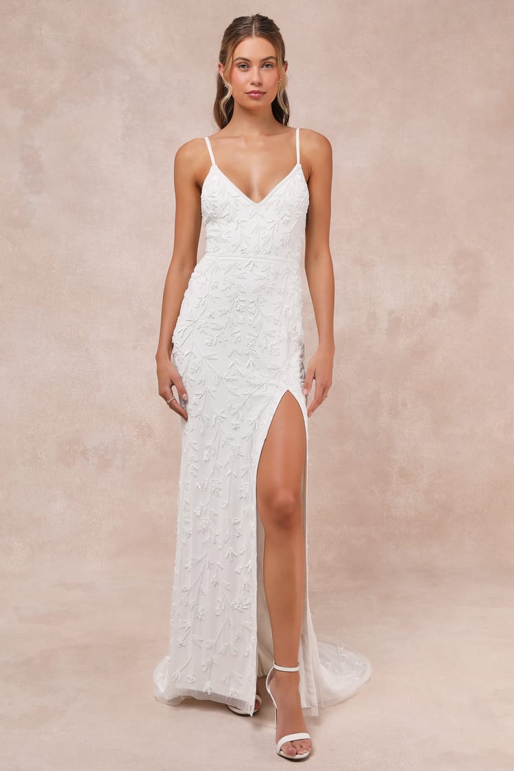 Everlasting Vows White Beaded Sequin Mermaid Maxi Dress