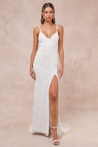 Everlasting Vows White Beaded Sequin Mermaid Maxi Dress