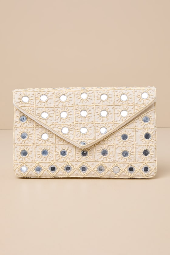Shop Lulus Mirrored Mystique Ivory Beaded Mirrored Clutch