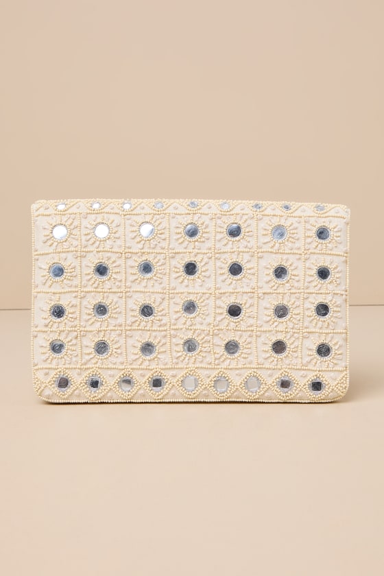Shop Lulus Mirrored Mystique Ivory Beaded Mirrored Clutch