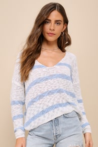 Relaxed Essence White and Blue Striped Loose Knit Sweater Top