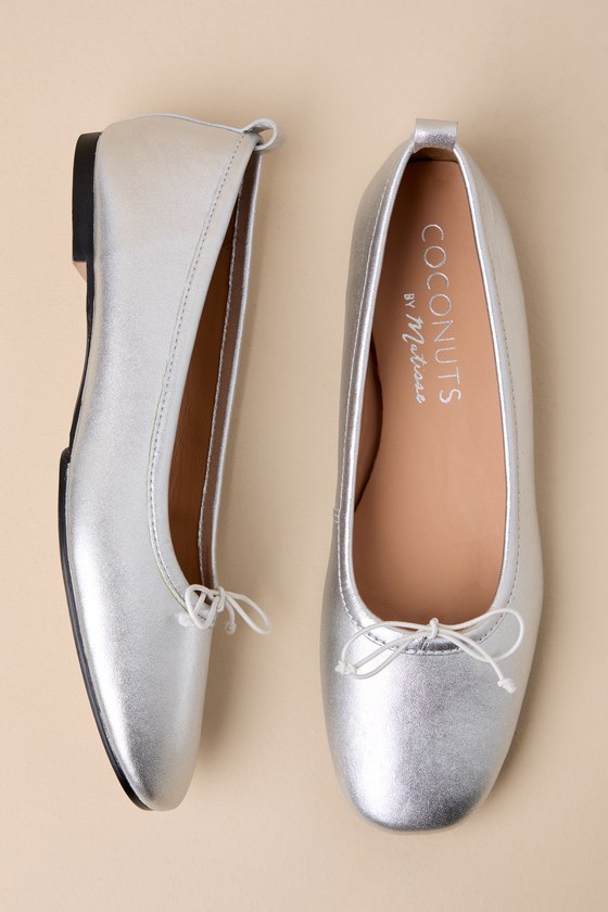 Shop Coconuts By Matisse Nikki Silver Metallic Leather Bow Ballet Flats