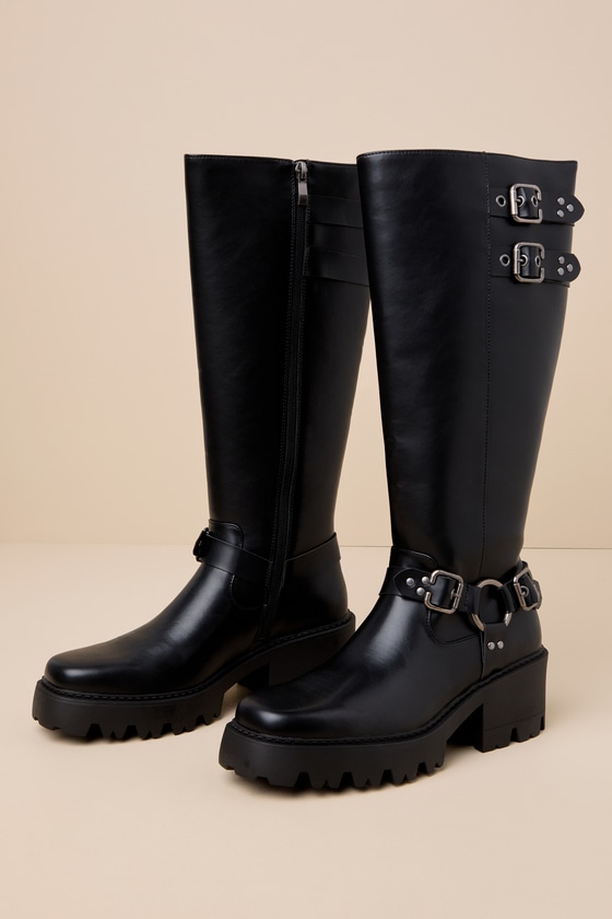Adlery Black Belted Knee-High Moto Boots 4