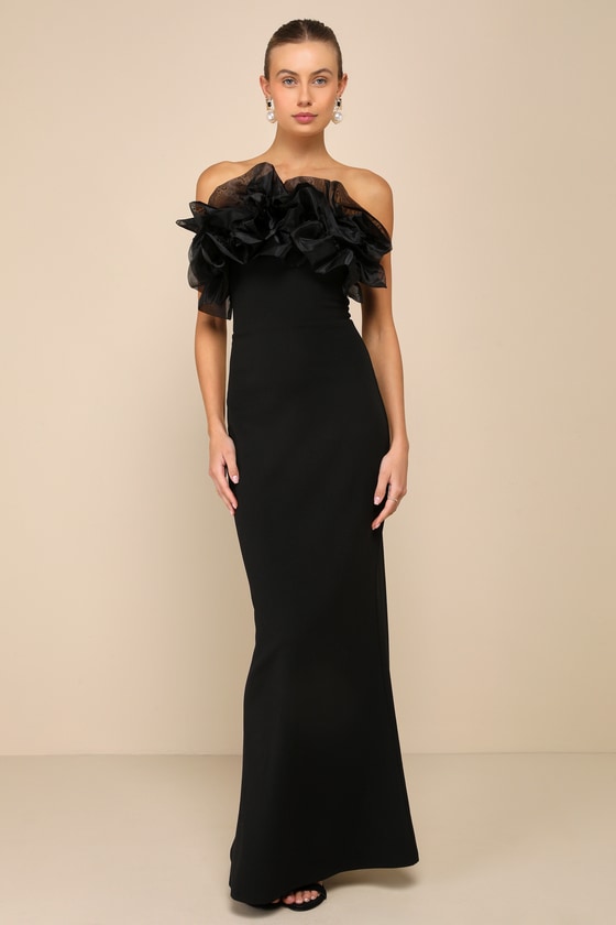 Lulus Evening Excellence Black Ruffled Strapless Mermaid Maxi Dress