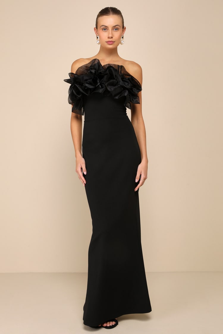 chinese dress ladies Black Strapless Ruffle Tiered Tulle Long Prom Dresses Pic Color / Custom Size main image 0