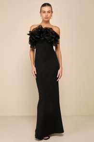 Evening Excellence Black Ruffled Strapless Mermaid Maxi Dress