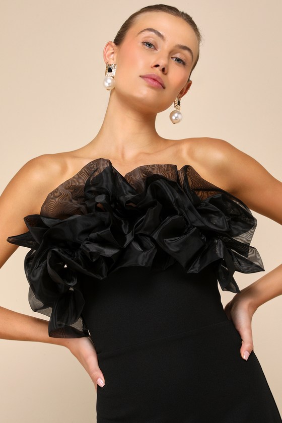Lulus Evening Excellence Black Ruffled Strapless Mermaid Maxi Dress In Black