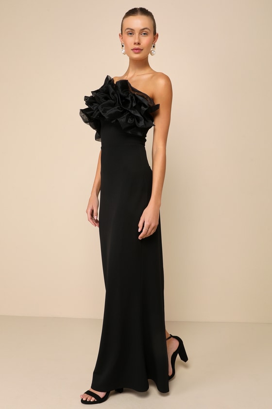 Lulus Evening Excellence Black Ruffled Strapless Mermaid Maxi Dress In Black