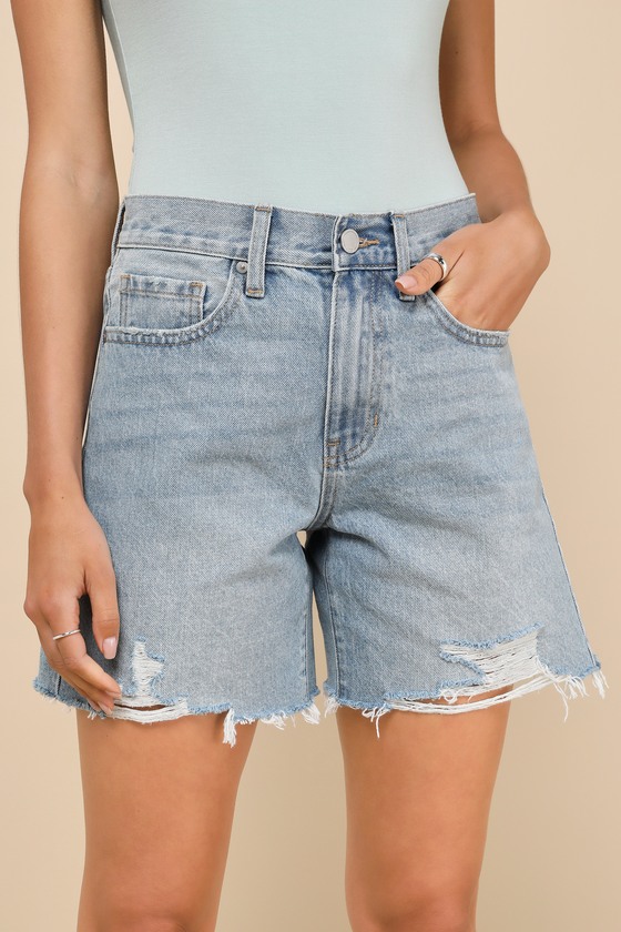 Light Wash Denim Shorts - High-Waisted Shorts - Longline Shorts - Lulus