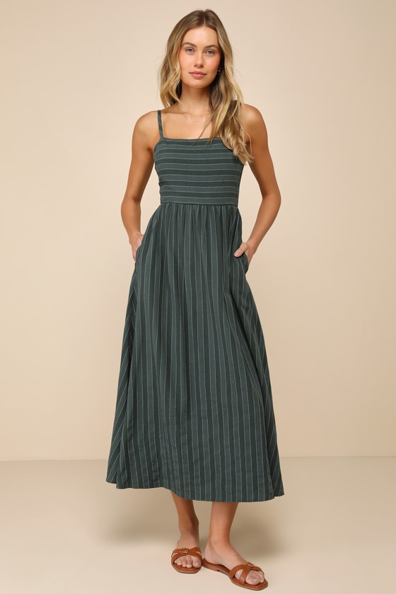 Lulus Feeling The Best Green Striped Tie-back Midi Dress With Pockets