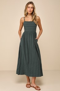 Feeling the Best Green Striped Tie-Back Midi Dress with Pockets