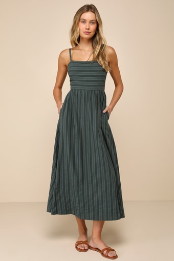 Feeling the Best Green Striped Tie-Back Midi Dress with Pockets 1