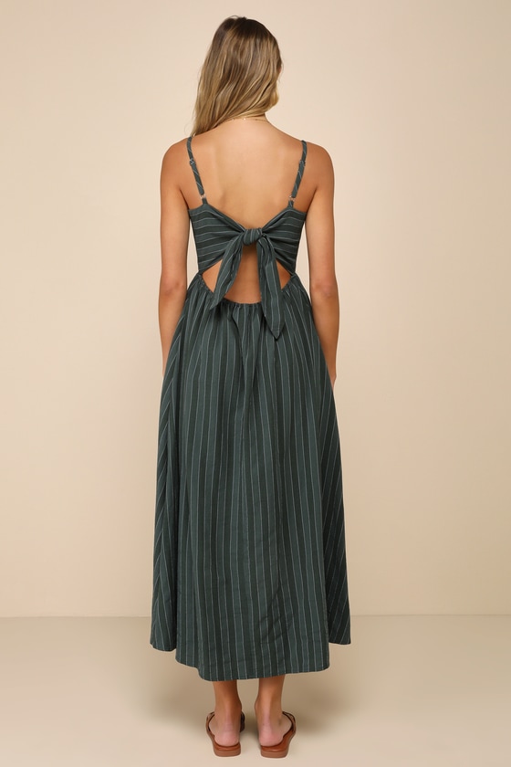 Lulus Feeling The Best Green Striped Tie-back Midi Dress With Pockets In Green