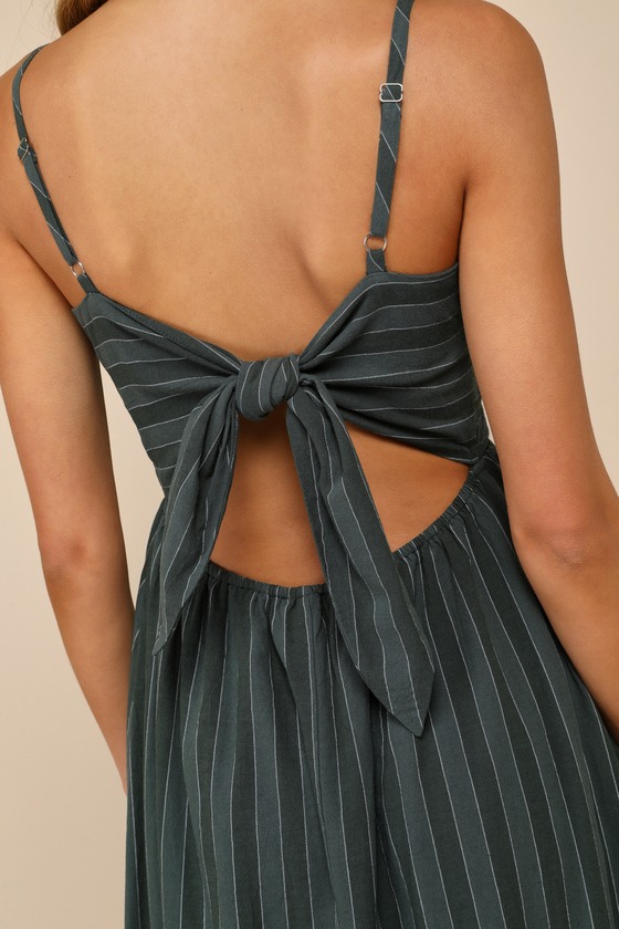 Lulus Feeling The Best Green Striped Tie-back Midi Dress With Pockets In Green