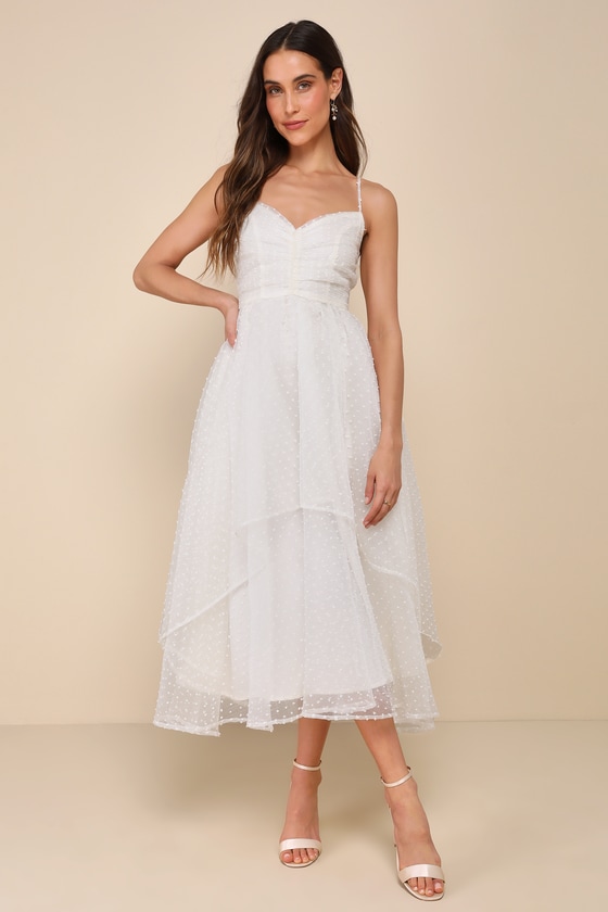 Lulus Favorite Event White Swiss Dot Pleated Tiered Midi Dress