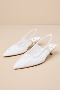Lilas White Lace Pointed-Toe Slingback Kitten Heel Pumps