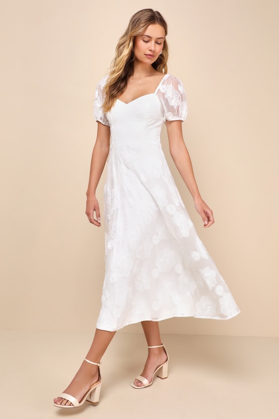 Puff Sleeve Embroidered Dress White