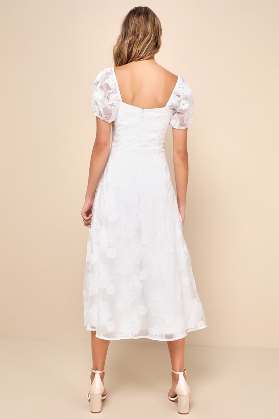 Lulus Sweetest Behavior White Embroidered Puff Sleeve Midi Dress In White