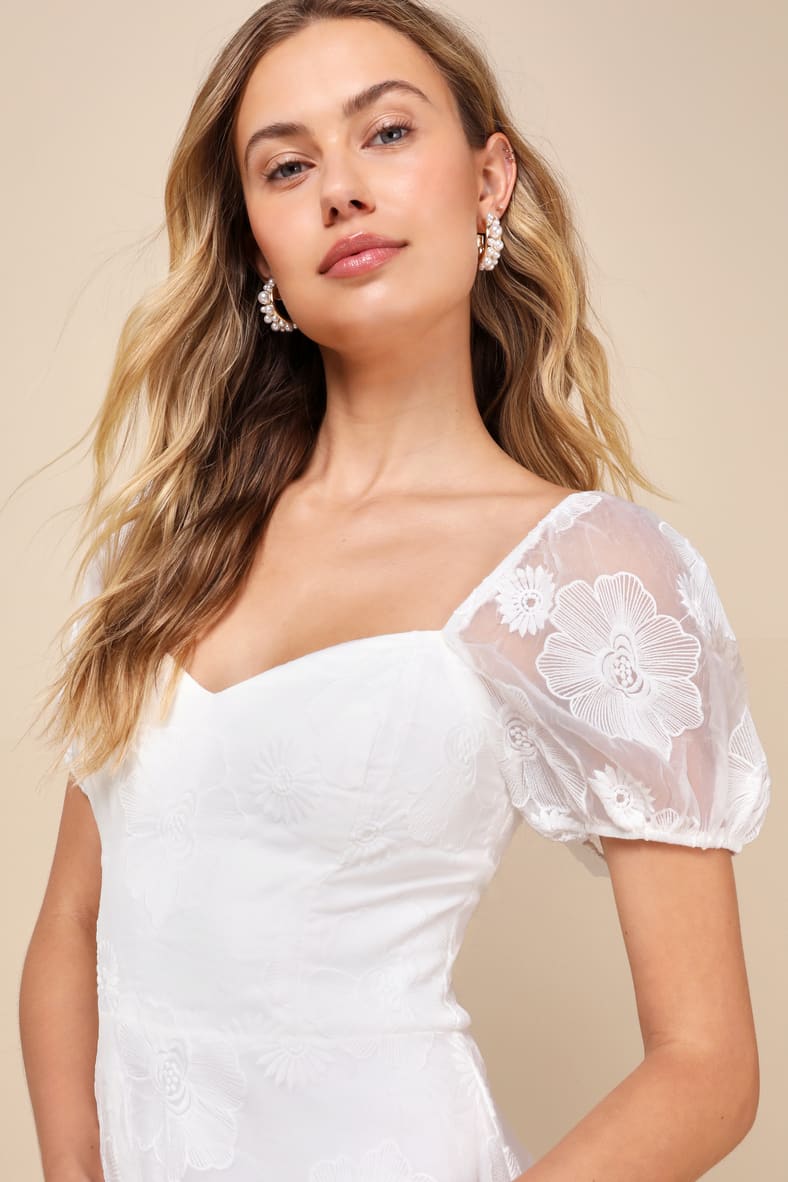 Sweetest Behavior White Embroidered Puff Sleeve Midi Dress