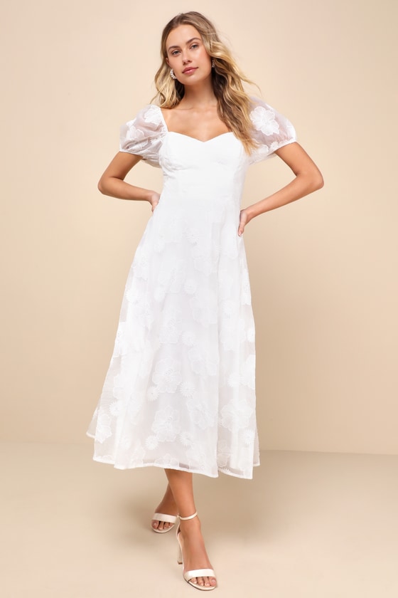 Lulus Sweetest Behavior White Embroidered Puff Sleeve Midi Dress In White