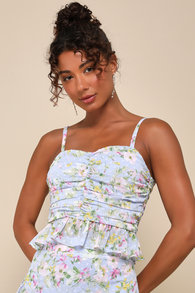 Easily Beloved Light Blue Floral Ruched Ruffled Sleeveless Top