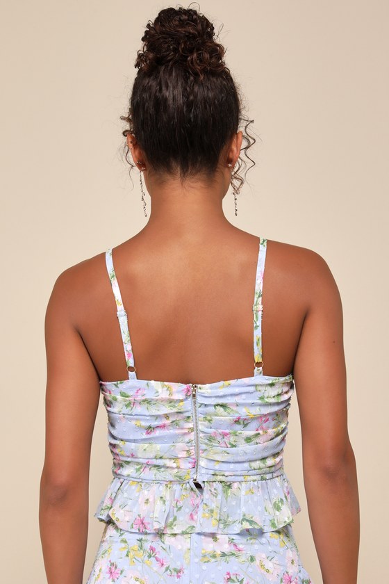 Easily Beloved Light Blue Floral Ruched Ruffled Sleeveless Top 1
