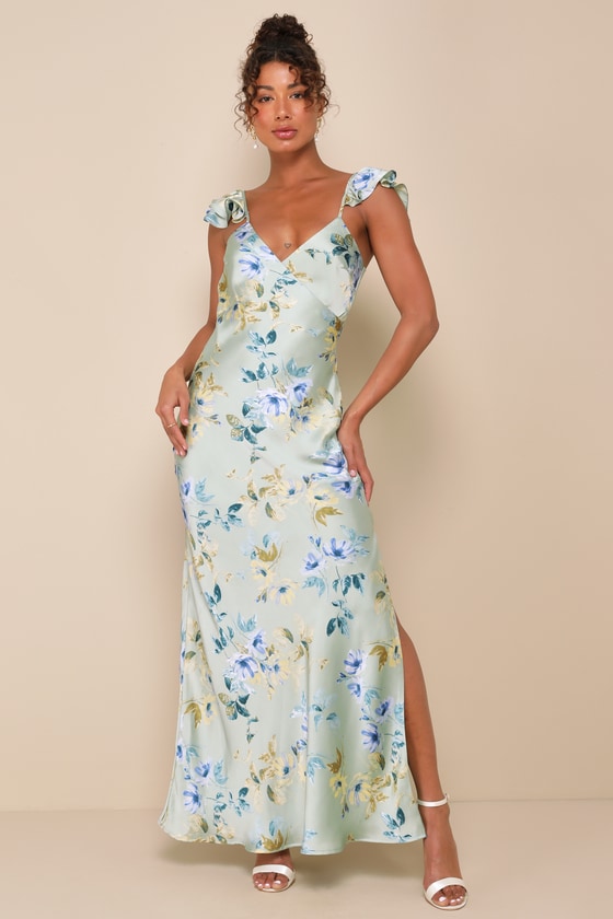 Shop Lulus Captivating Grace Sage Green Floral Satin Ruffled Maxi Dress
