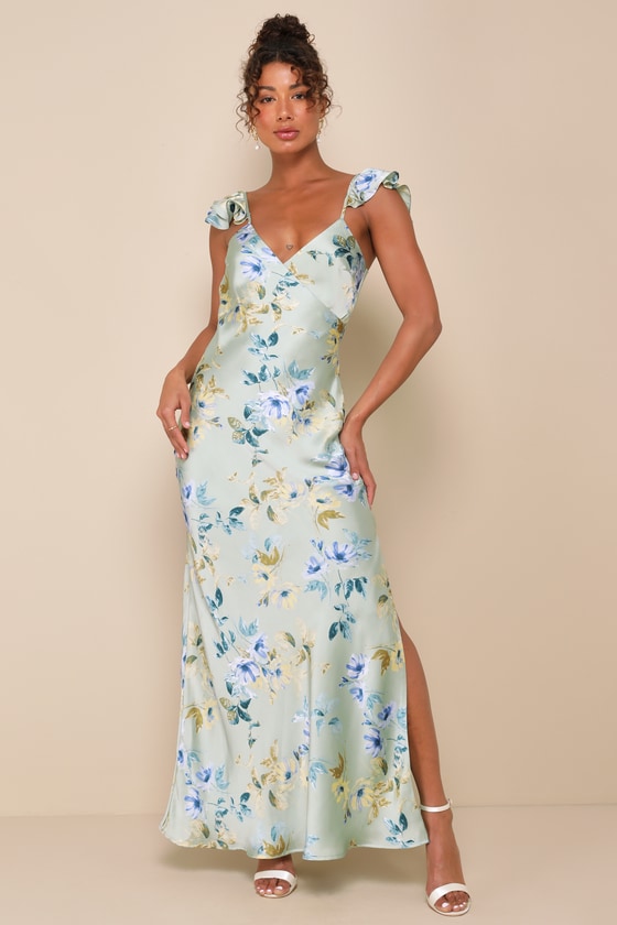 Lulus Captivating Grace Sage Green Floral Satin Ruffled Maxi Dress In Sage Green