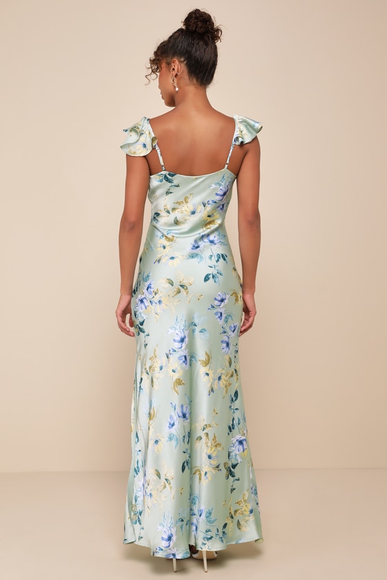 Shop Lulus Captivating Grace Sage Green Floral Satin Ruffled Maxi Dress