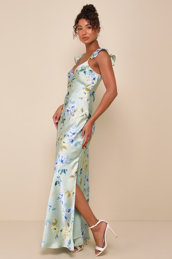 Shop Lulus Captivating Grace Sage Green Floral Satin Ruffled Maxi Dress