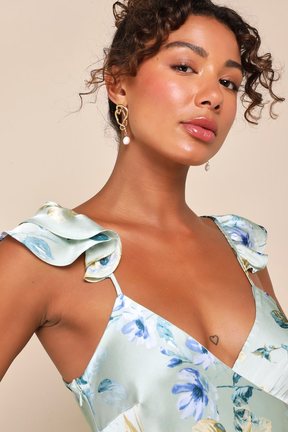 Lulus Captivating Grace Sage Green Floral Satin Ruffled Maxi Dress In Sage Green