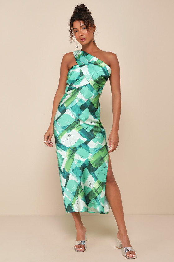 Lulus Iconic Presence Green Abstract Satin One-shoulder Midi Dress In Green