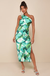 Iconic Presence Green Abstract Satin One-Shoulder Midi Dress
