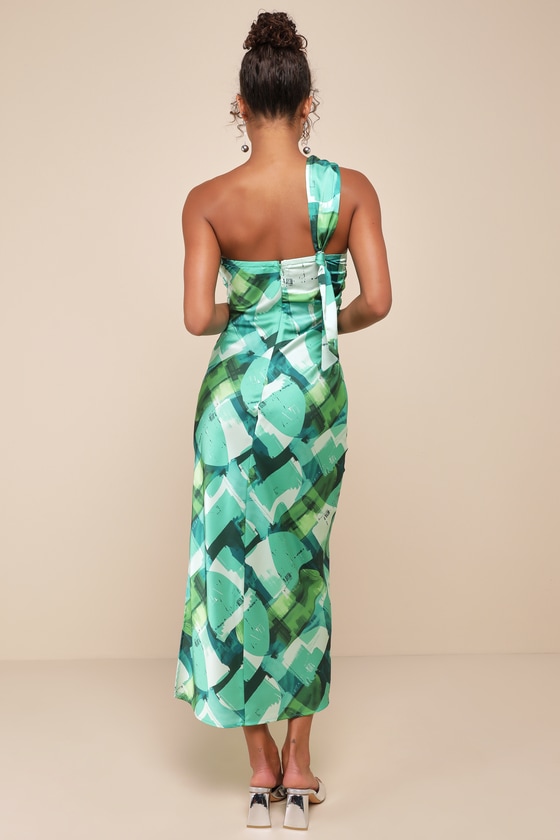 Lulus Iconic Presence Green Abstract Satin One-shoulder Midi Dress In Green