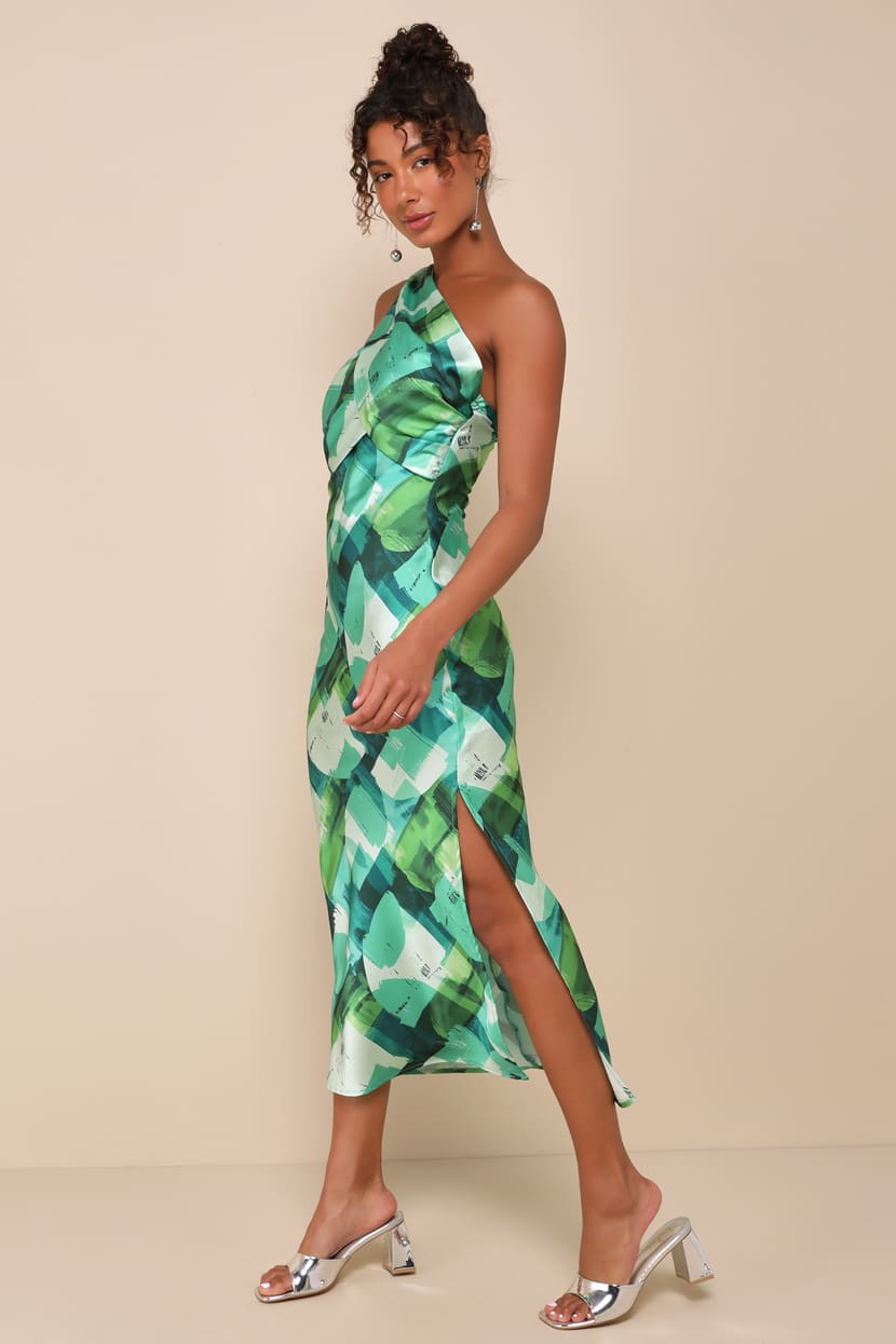 Green Abstract Print Dress - One-Shoulder Dress - Midi Slip Dress - Lulus