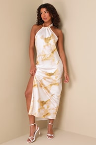 Luminous Allure Ivory Abstract Print Satin Halter Maxi Dress