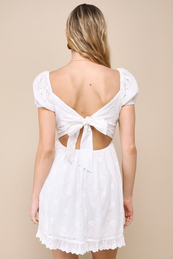 White Embroidered Dress TieBack Dress Puff Sleeve Mini Dress Lulus — free download