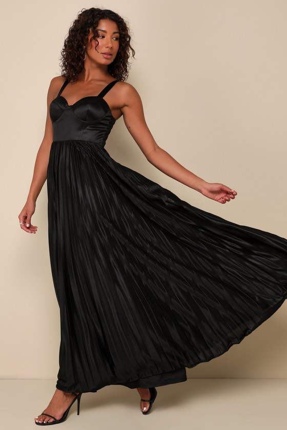 Lulus Luxurious Flair Black Satin Pleated Bustier Maxi Dress