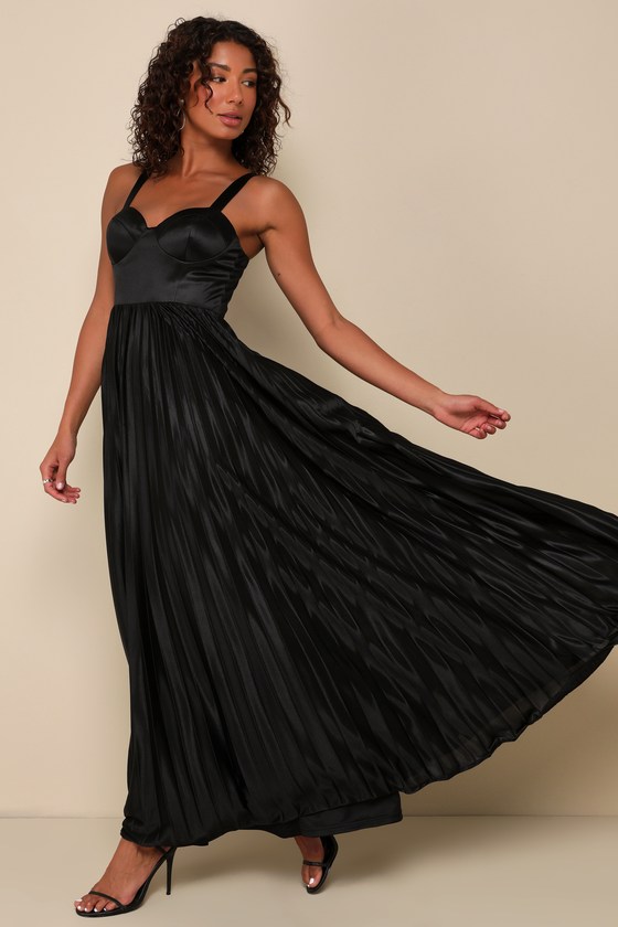 Luxurious Flair Black Satin Pleated Bustier Maxi Dress 1