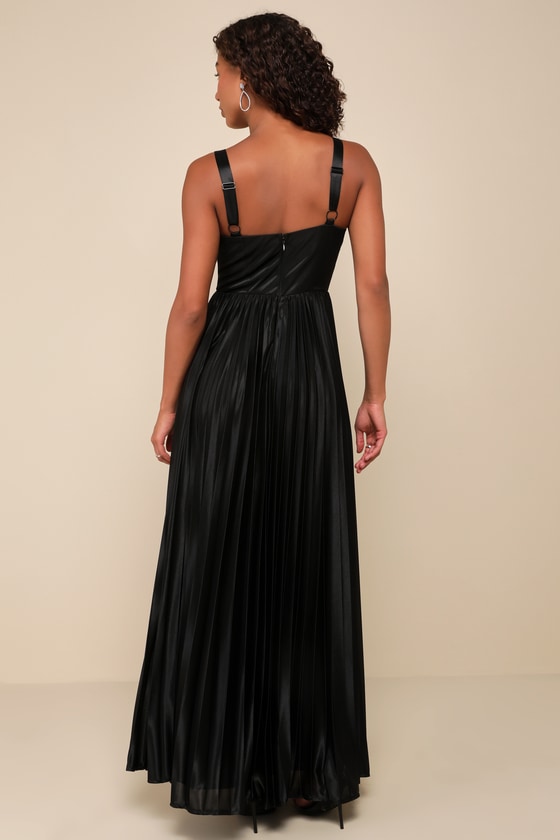 Luxurious Flair Black Satin Pleated Bustier Maxi Dress 2