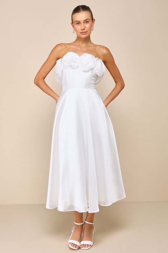 Shop Lulus Idyllic Muse White Organza Rosette Strapless Midi Dress