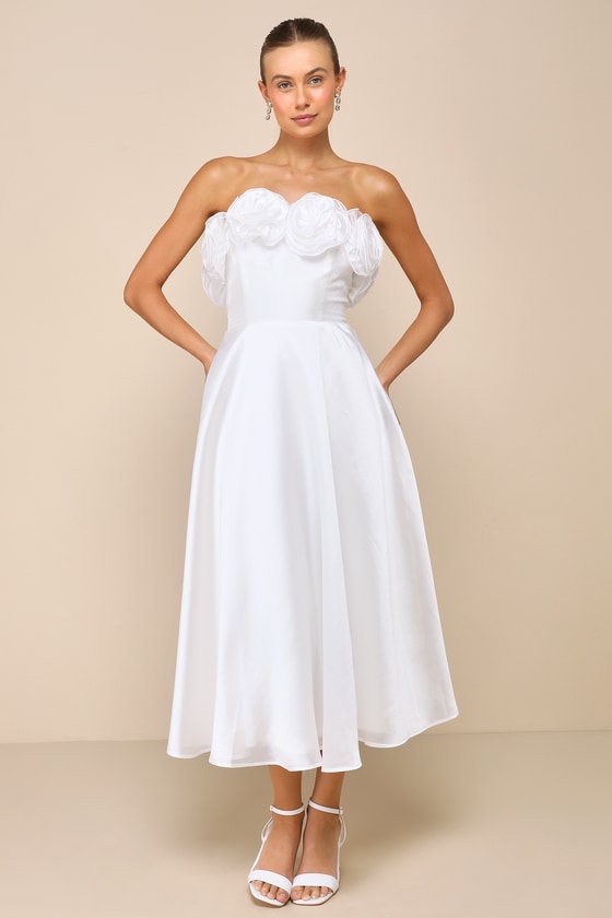 Idyllic Muse White Organza Rosette Strapless Midi Dress 2