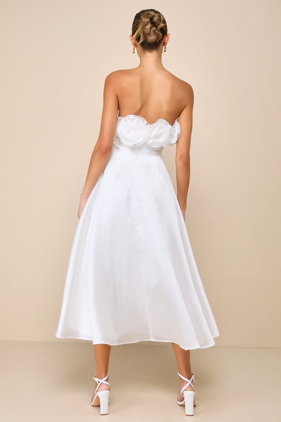 Shop Lulus Idyllic Muse White Organza Rosette Strapless Midi Dress