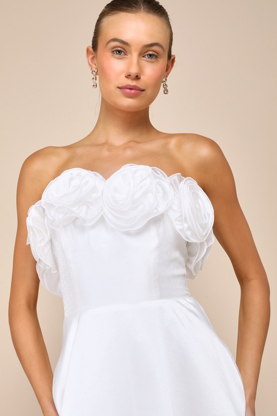 Shop Lulus Idyllic Muse White Organza Rosette Strapless Midi Dress