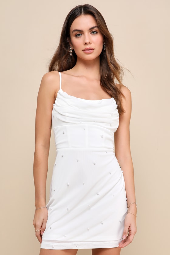 White Mesh Mini Dress - White Cocktail Dress - Pearl Mini
