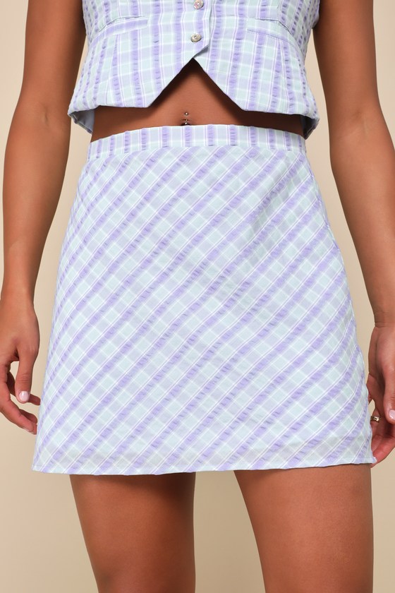 Delightful Event Mint Green and Purple Plaid Mini Skirt 3