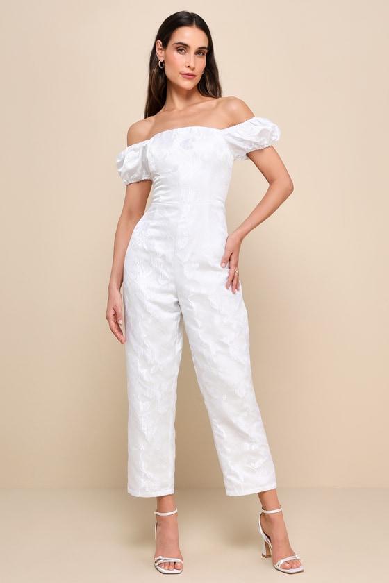 Shop Lulus Redefined Class White Floral Jacquard Off-the-shoulder Jumpsuit