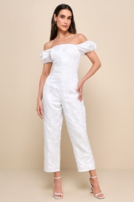 Redefined Class White Floral Jacquard Off-the-Shoulder Jumpsuit
