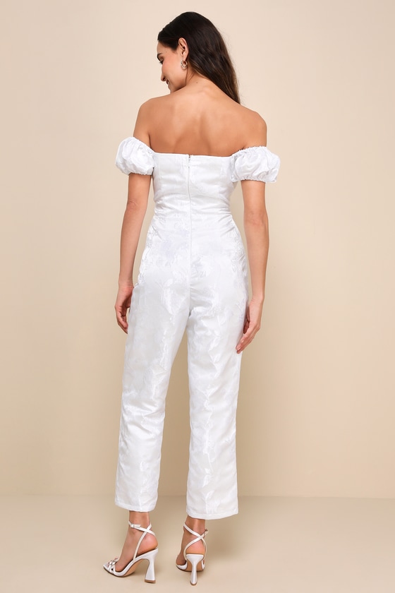 LULUS REDEFINED CLASS WHITE FLORAL JACQUARD OFF-THE-SHOULDER JUMPSUIT 