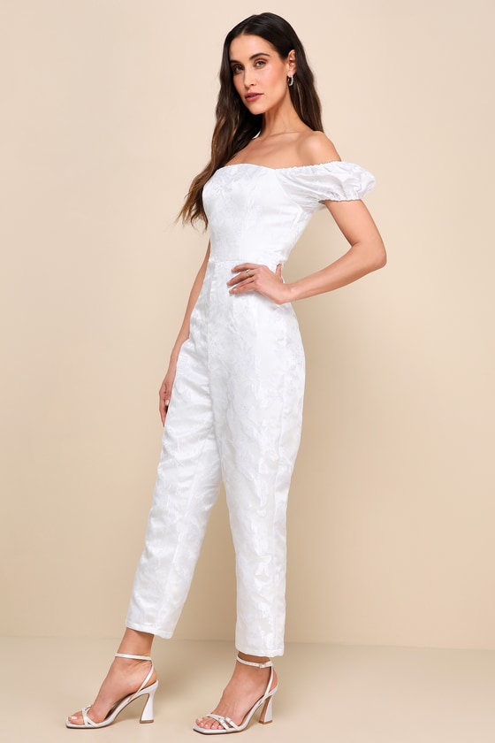 LULUS REDEFINED CLASS WHITE FLORAL JACQUARD OFF-THE-SHOULDER JUMPSUIT 
